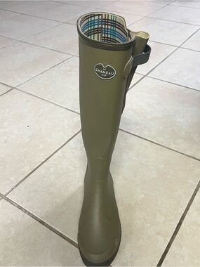 le Chameau Olive Green Tall Rain Boot with Plaid Lining